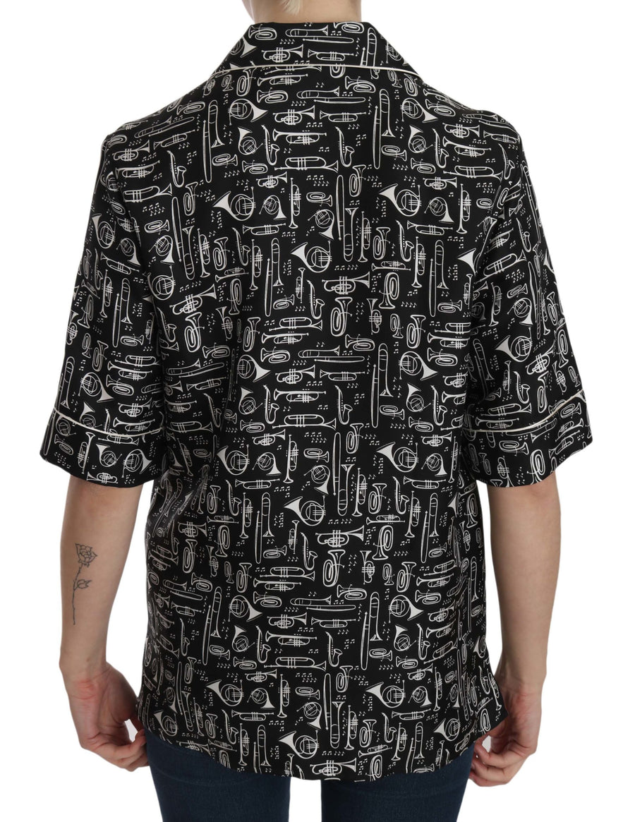 Dolce & Gabbana Black Silk Top with Musical Instrument Print