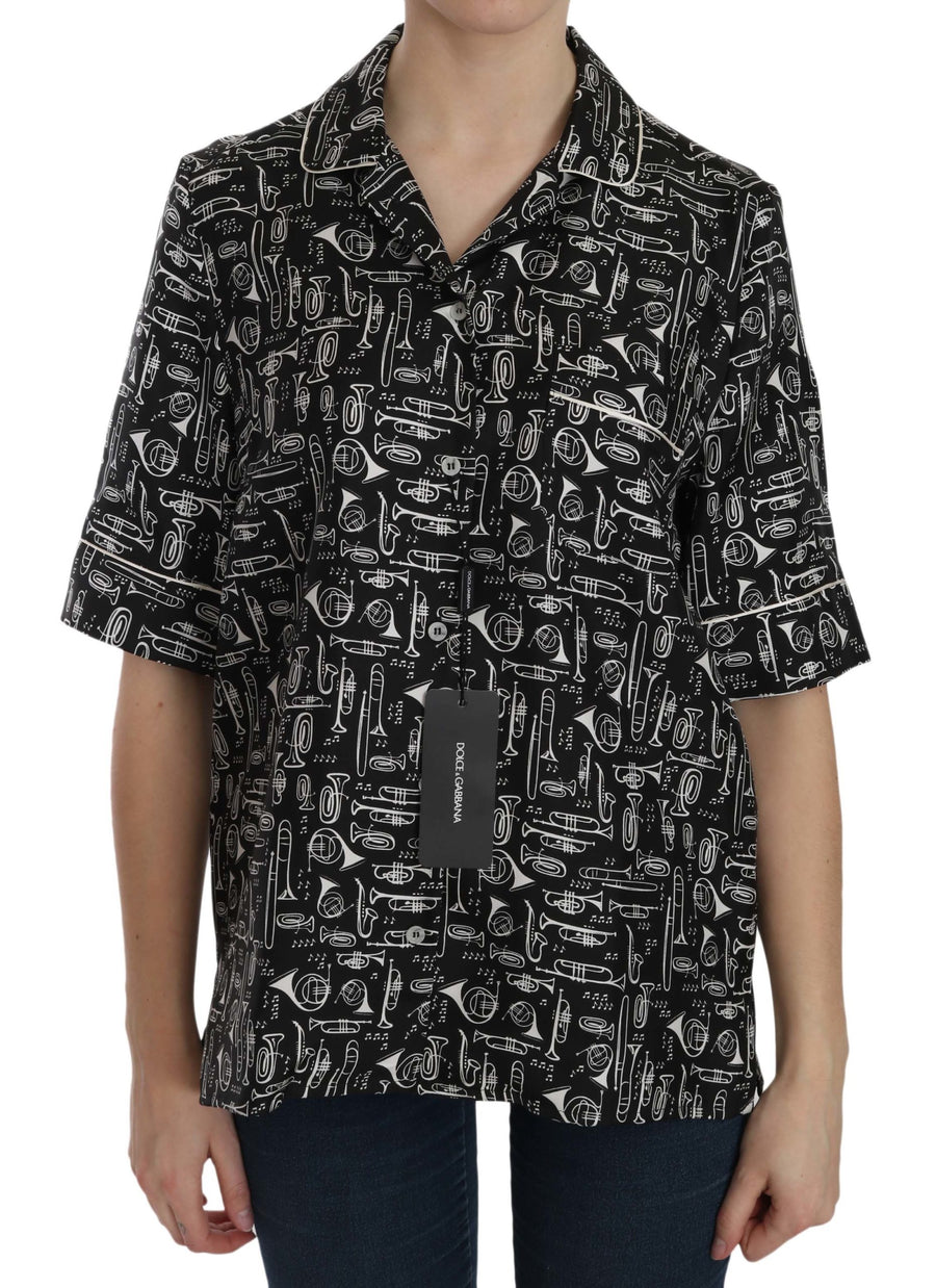 Dolce & Gabbana Black Silk Top with Musical Instrument Print
