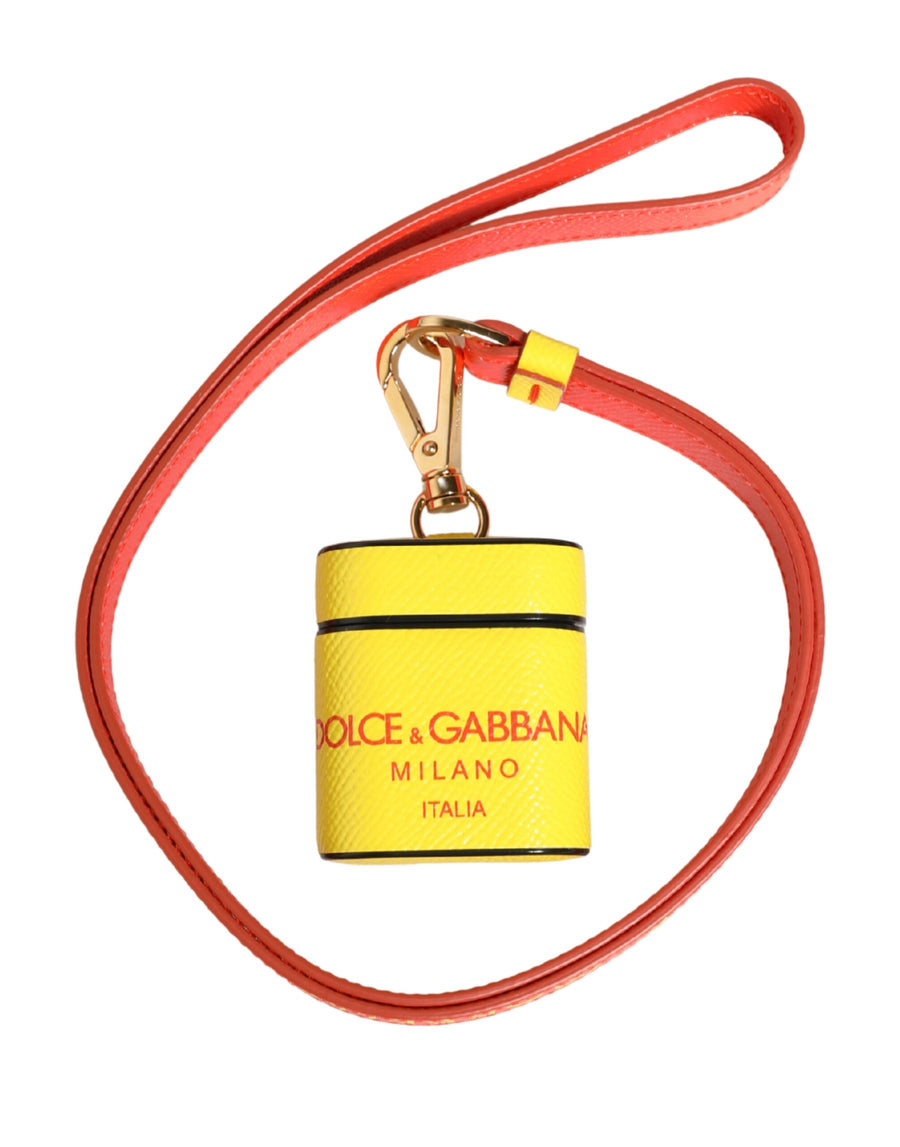 Dolce & Gabbana Yellow Calfskin Logo Flip Holder Strap AirPods Case