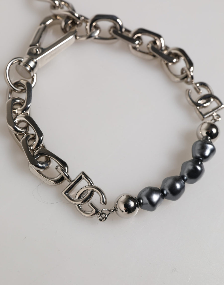 Dolce & Gabbana bracelet with silver-tone chain, lobster clasp, logo, and grey pearls