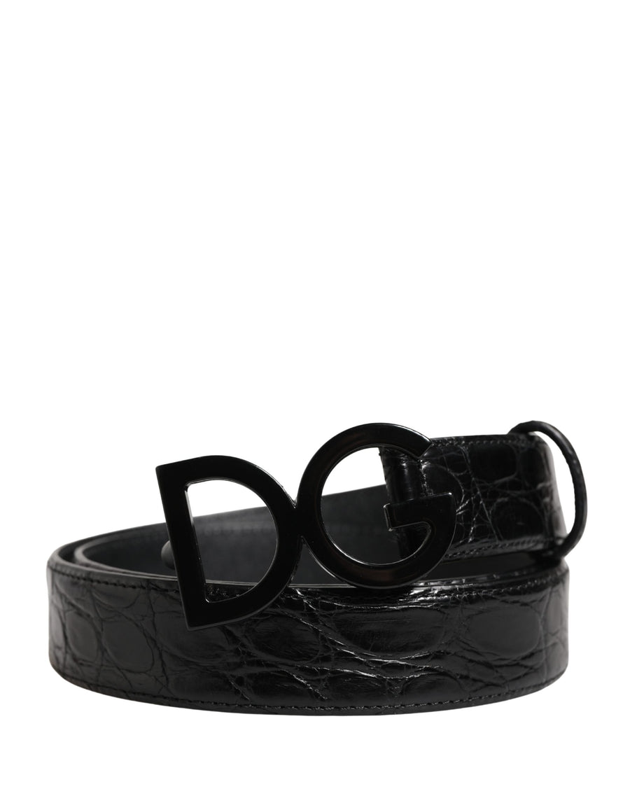Dolce & Gabbana Men's Black Exotic Leather Belt with Logo Buckle