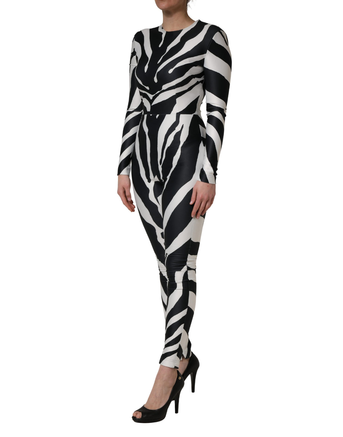 Dolce & Gabbana Schwarz-weißer Polyester-Jumpsuit mit Zebramuster