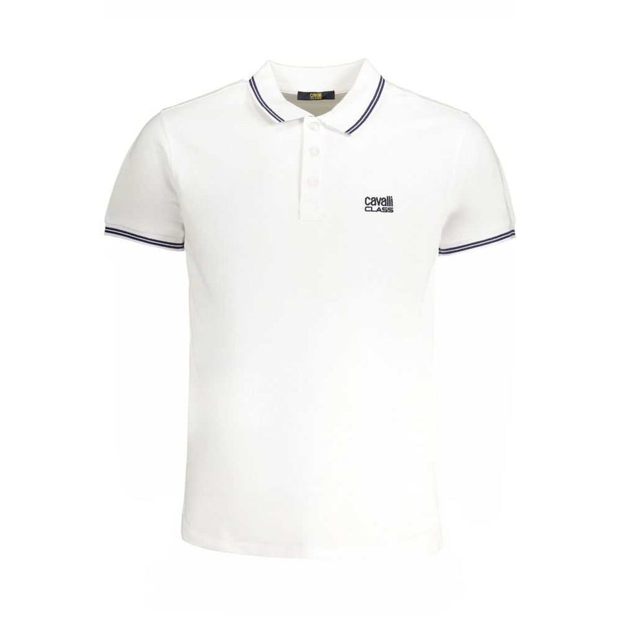 Cavalli Class Bianco men's cotton polo shirt with embroidered logo and three-button placket