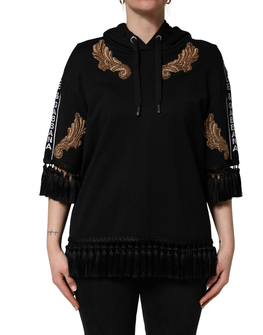Dolce & Gabbana Black Hoodie with Embroidery and Tassels
