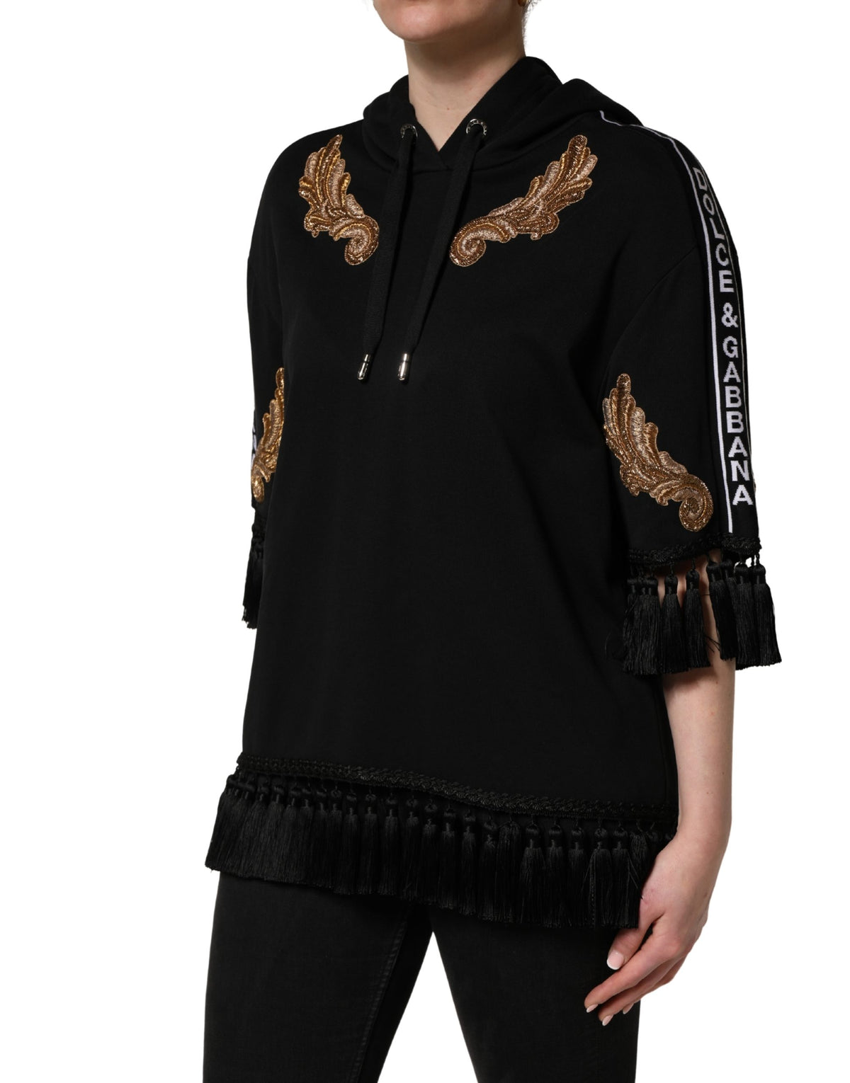 Dolce & Gabbana Black Hoodie with Embroidery and Tassels