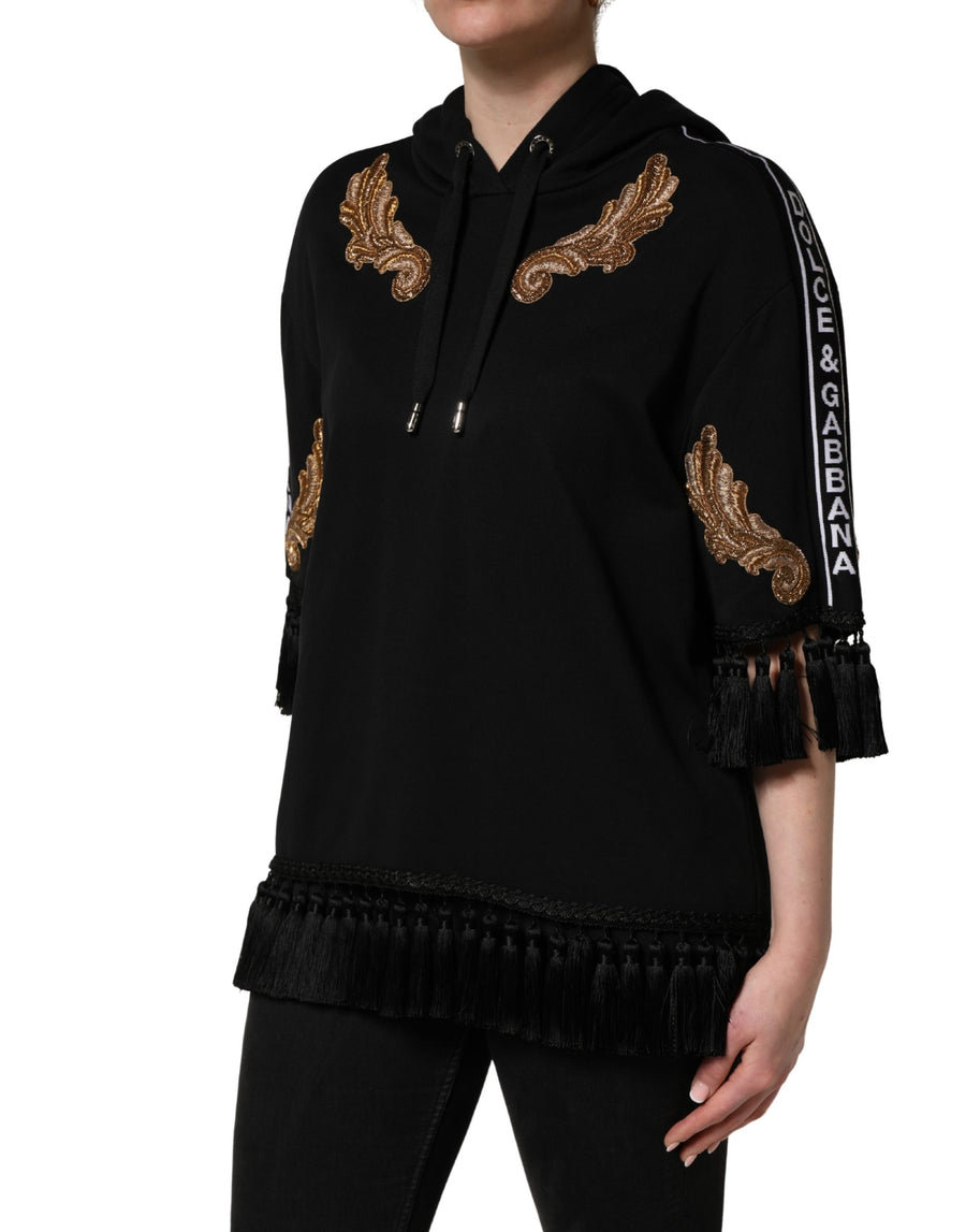 Dolce & Gabbana Black Hoodie with Embroidery and Tassels
