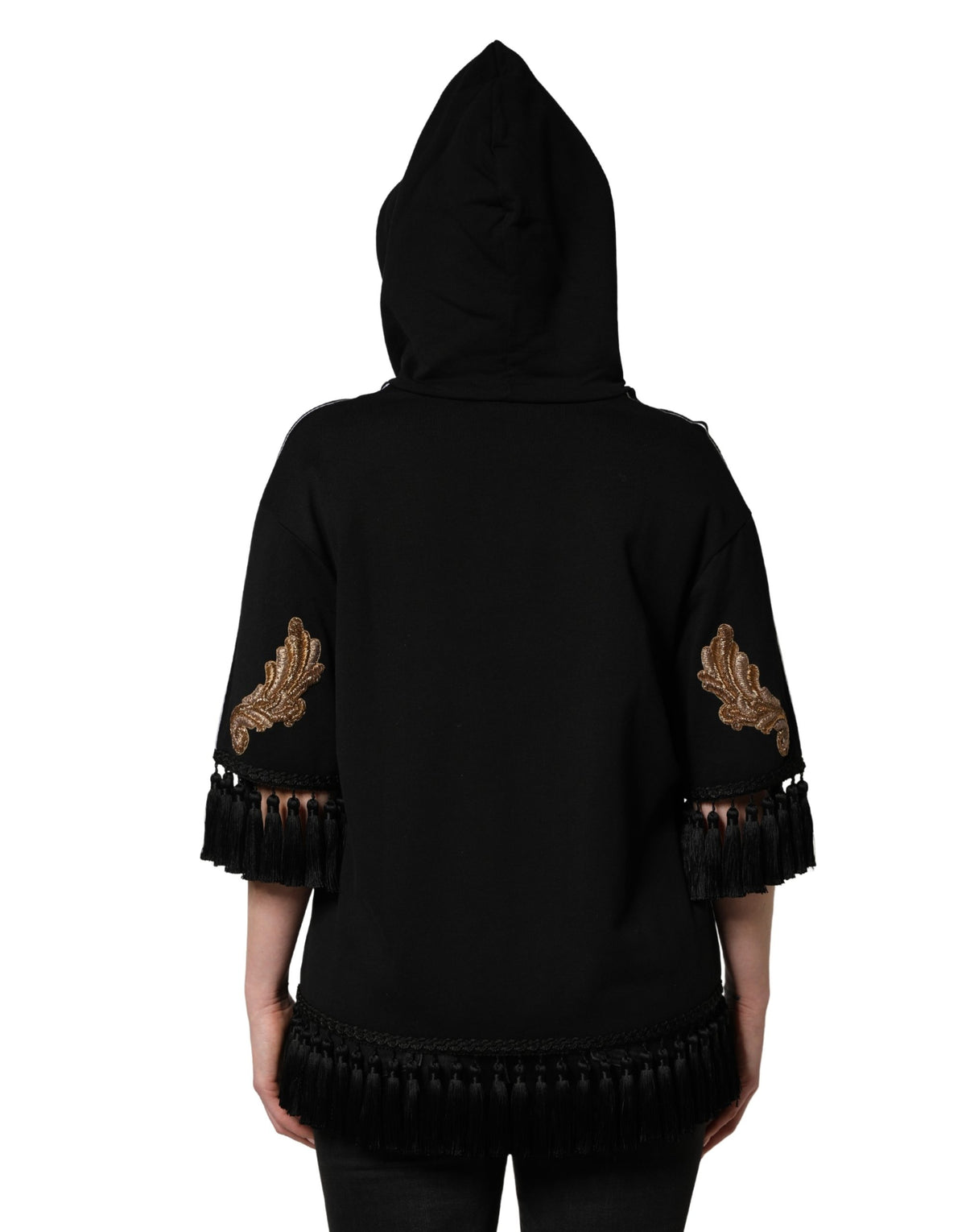 Dolce & Gabbana Black Hoodie with Embroidery and Tassels