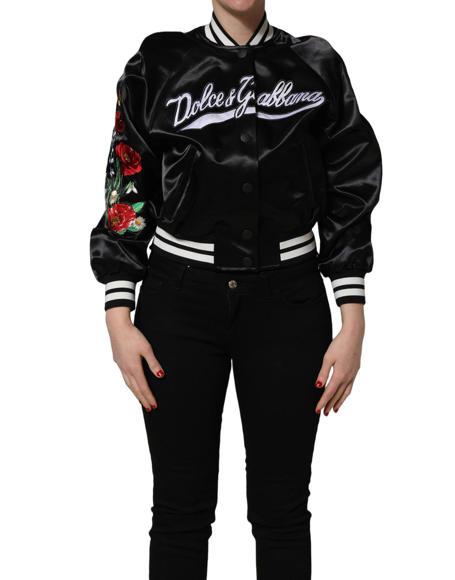 Dolce & Gabbana Black Satin Bomber Jacket with Floral Embroidery