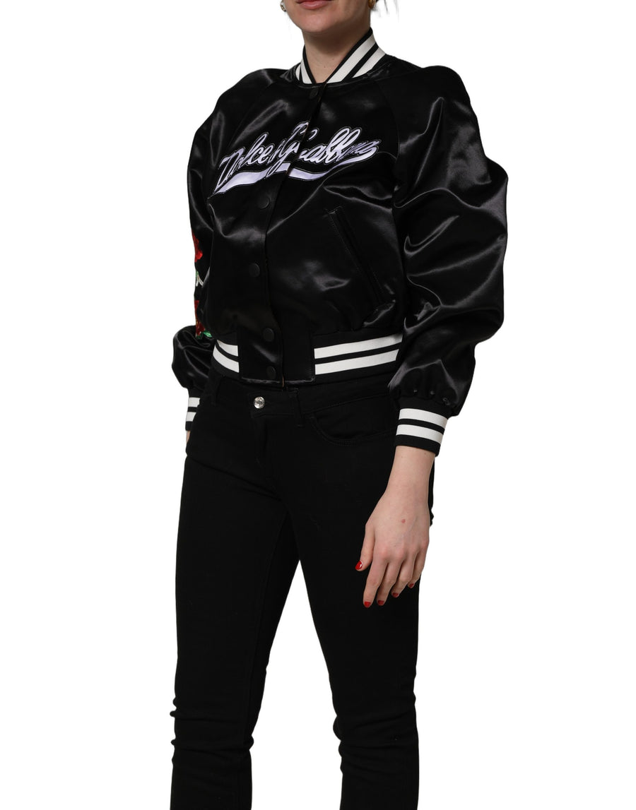 Dolce & Gabbana Black Satin Bomber Jacket with Floral Embroidery