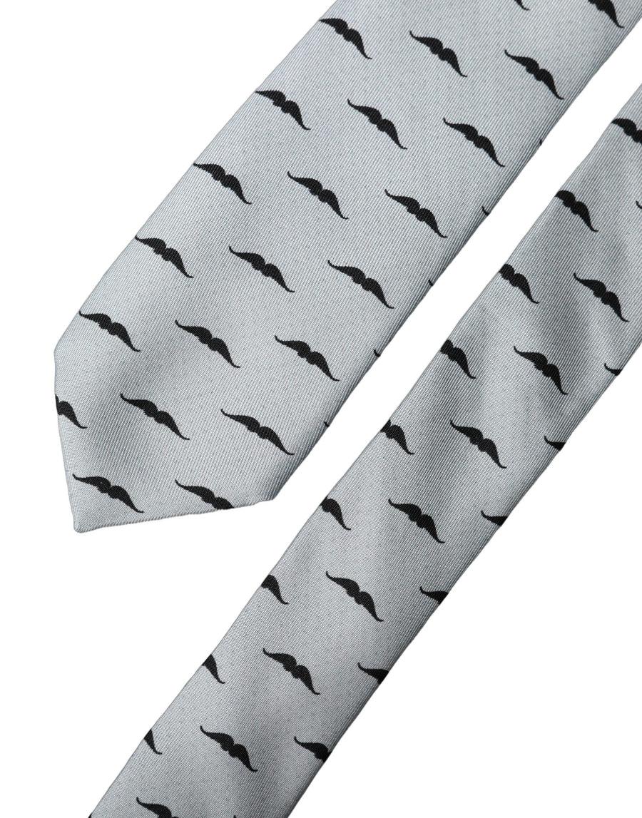 Dolce & Gabbana Light Grey Silk Tie with Moustache Motif, Adjustable
