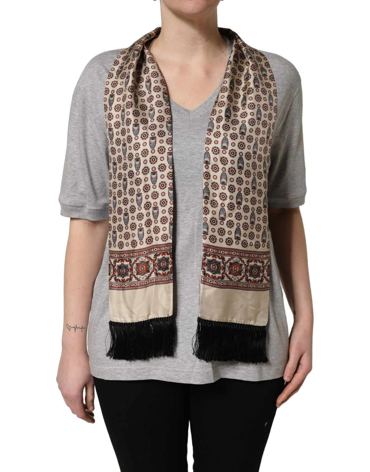 Dolce & Gabbana Grey Cotton V-Neck T-Shirt with Silk Scarf Detail