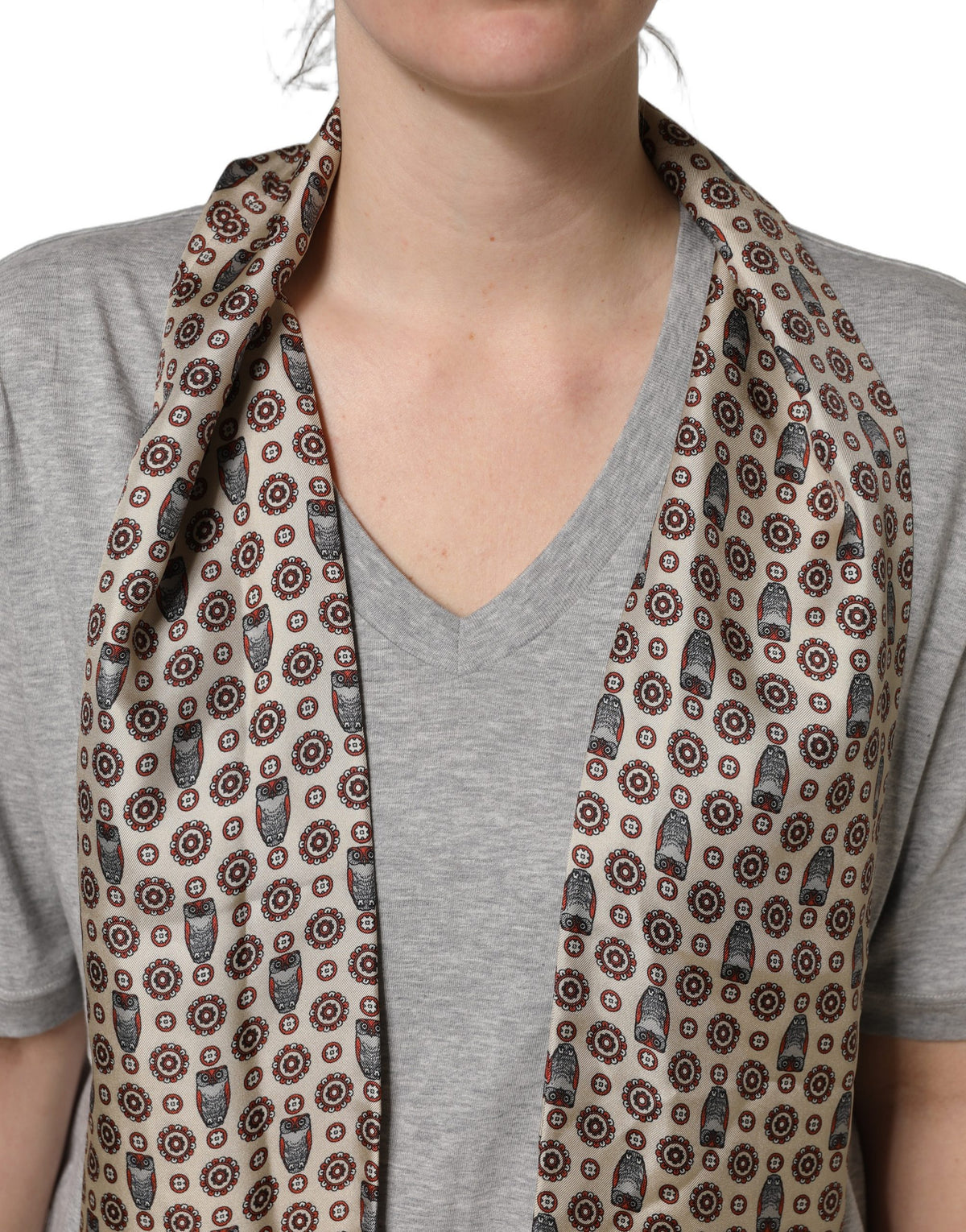 Dolce & Gabbana Grey Cotton V-Neck T-Shirt with Silk Scarf Detail