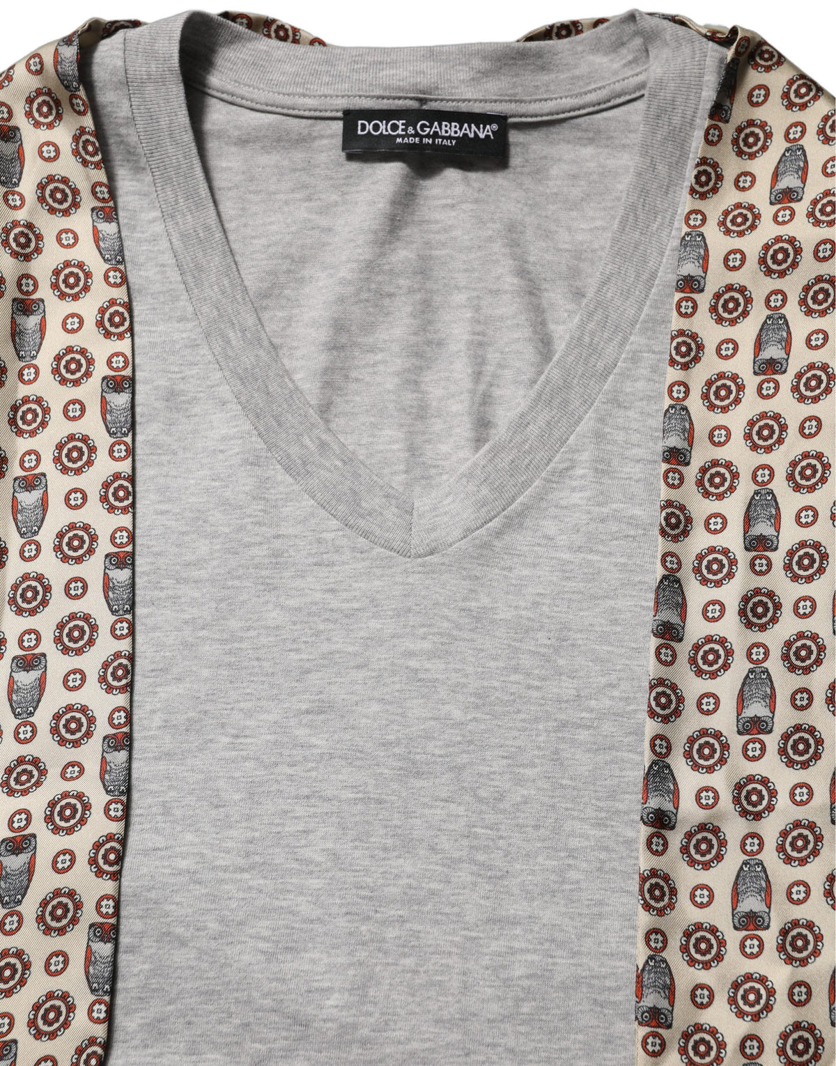 Dolce & Gabbana Grey Cotton V-Neck T-Shirt with Silk Scarf Detail