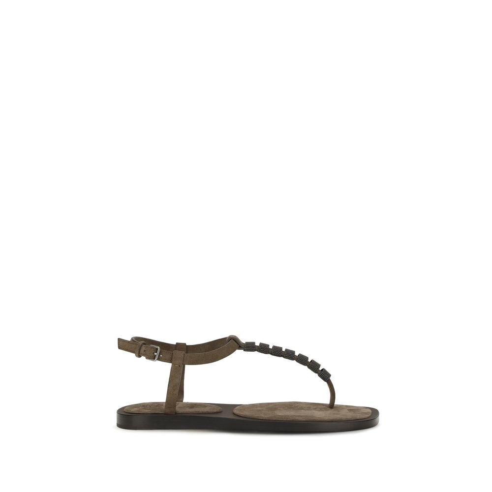 Brunello Cucinelli Brown Calfskin Bos Taurus Flat Sandals