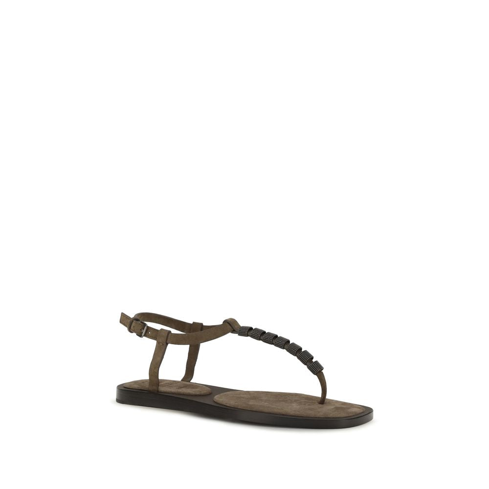 Brunello Cucinelli Brown Calfskin Bos Taurus Flat Sandals