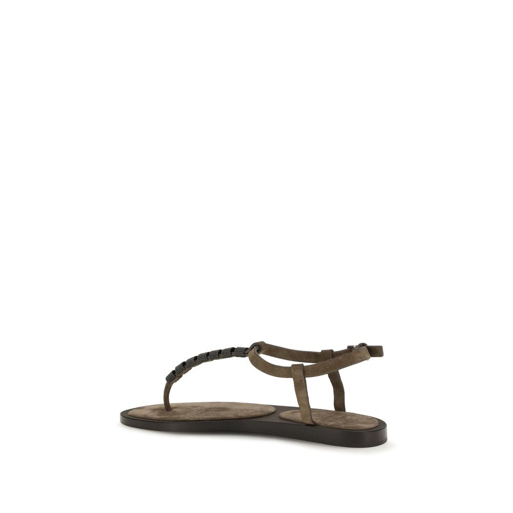 Brunello Cucinelli Brown Calfskin Bos Taurus Flat Sandals