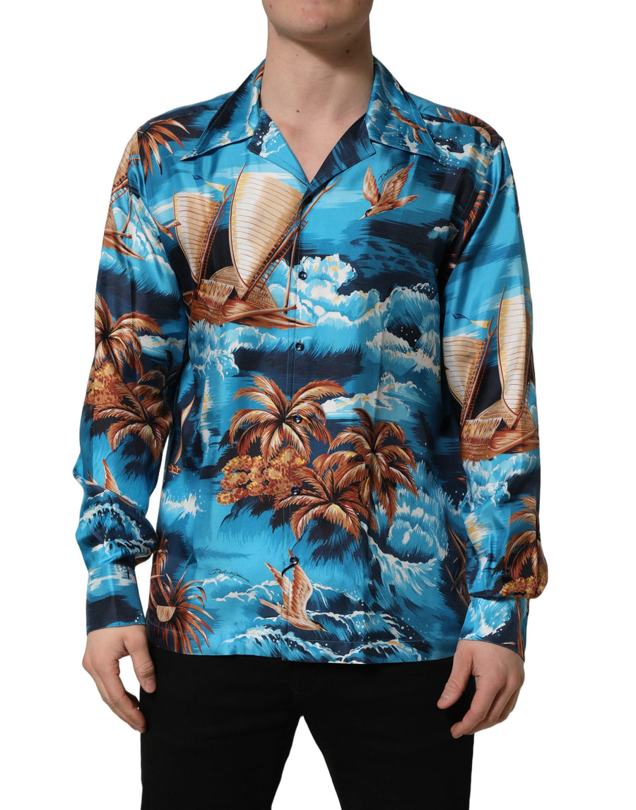 Dolce & Gabbana Blue Hawaiian Print Silk Twill Shirt