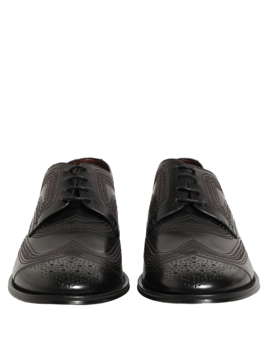 Dolce & Gabbana Black Leather Derby Lace-Up Shoes with Embroidery