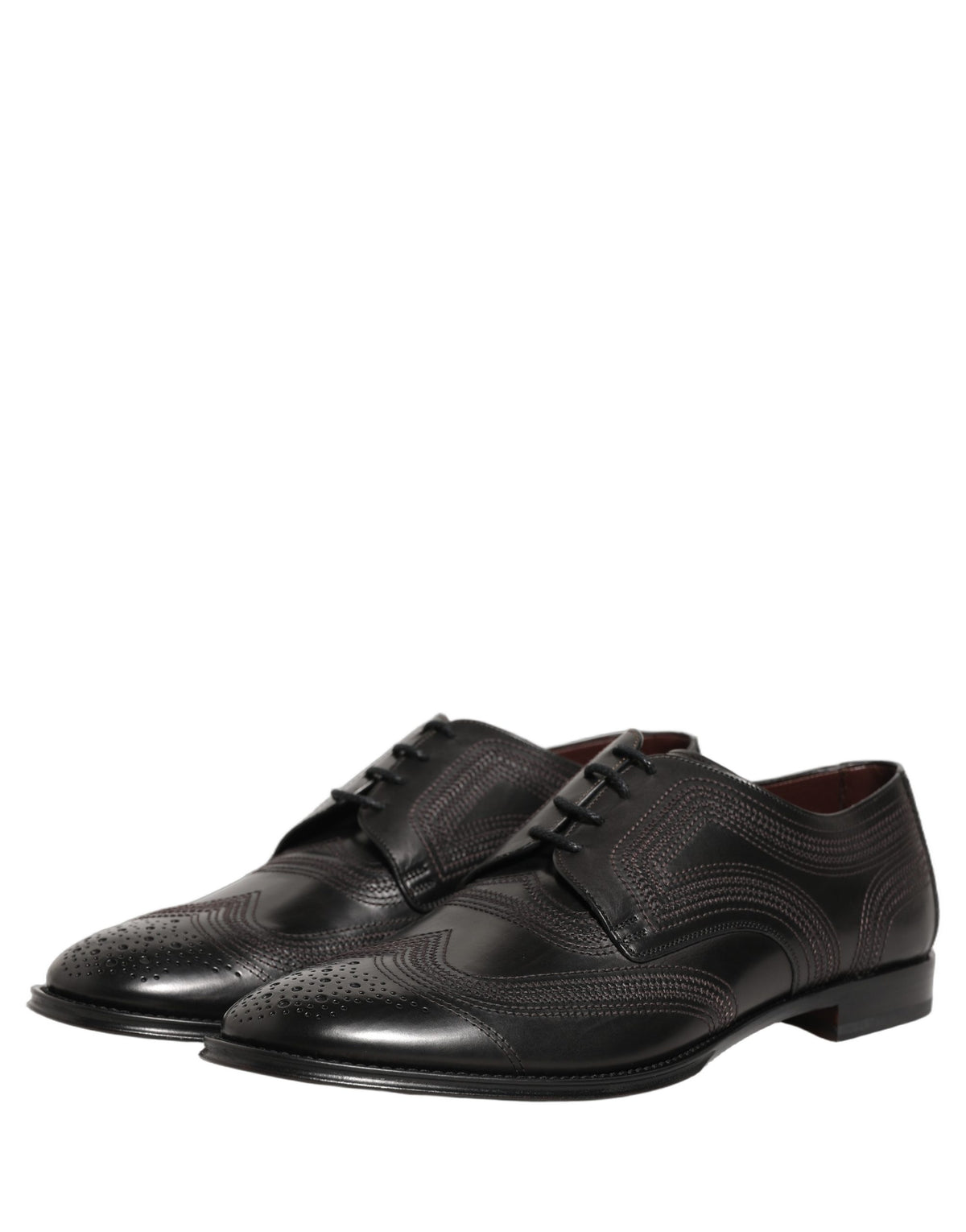 Dolce & Gabbana Black Leather Derby Lace-Up Shoes with Embroidery