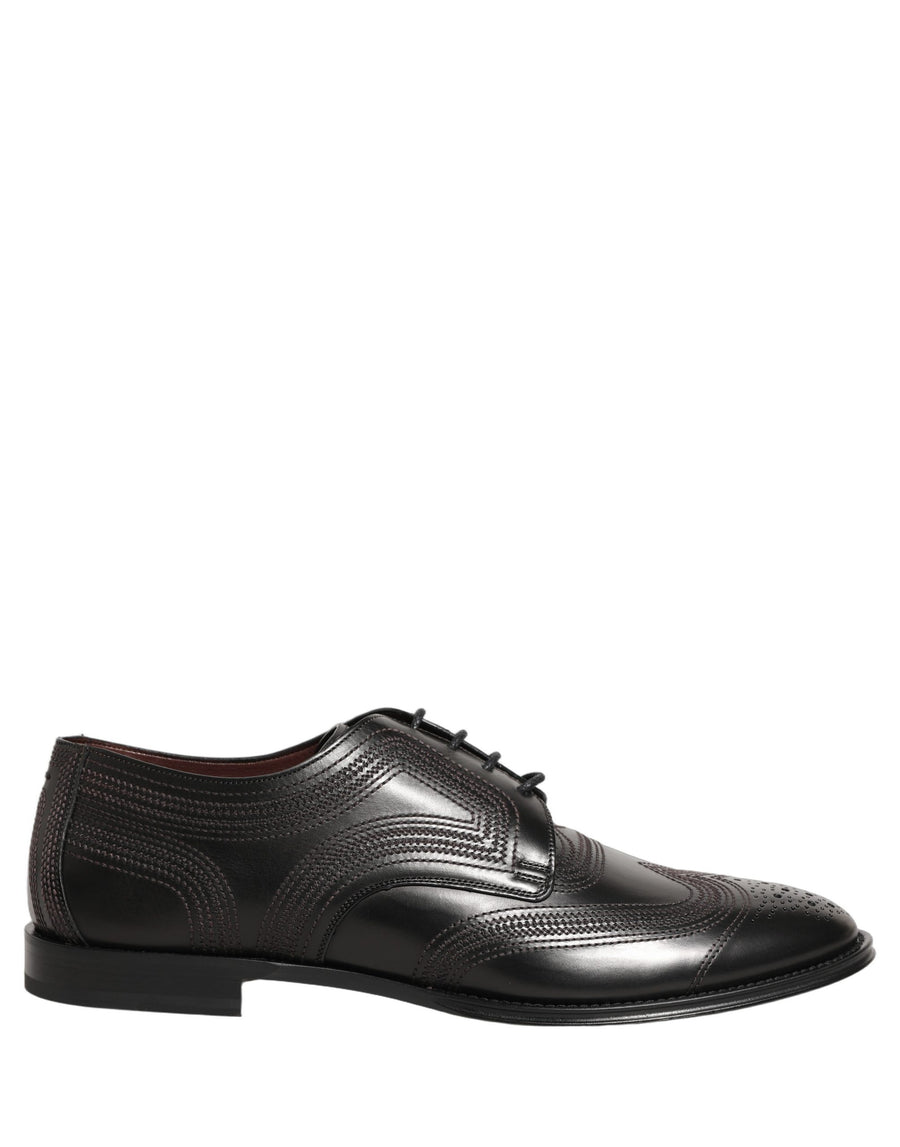 Dolce & Gabbana Black Leather Derby Lace-Up Shoes with Embroidery