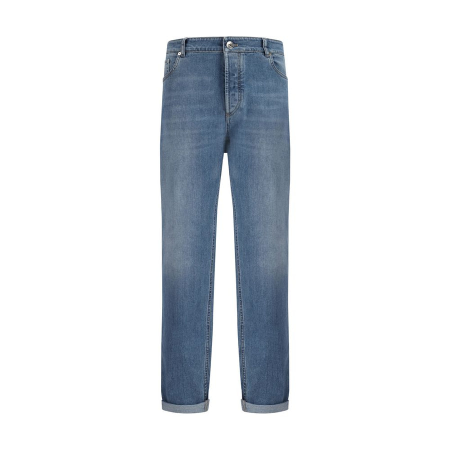 Brunello Cucinelli blaue Jeans aus Baumwolle im geraden Schnitt mit Lederpatch und Umschlag am Saum