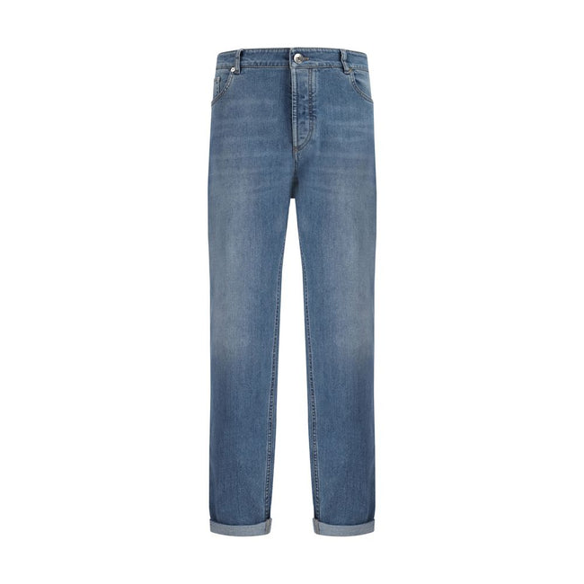 Brunello Cucinelli blaue Jeans aus Baumwolle im geraden Schnitt mit Lederpatch und Umschlag am Saum