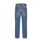 Brunello Cucinelli blaue Baumwoll-Jeans mit geradem Schnitt und Lederpatch