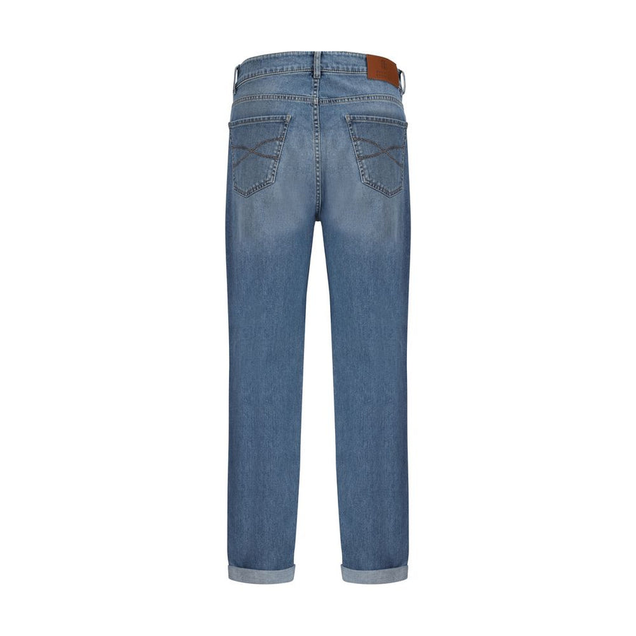 Brunello Cucinelli blaue Baumwoll-Jeans mit geradem Schnitt und Lederpatch