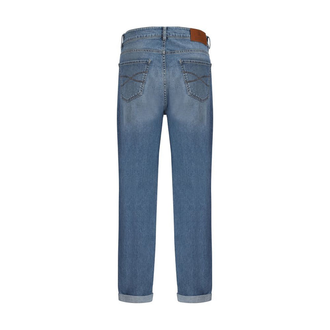 Brunello Cucinelli blaue Baumwoll-Jeans mit geradem Schnitt und Lederpatch