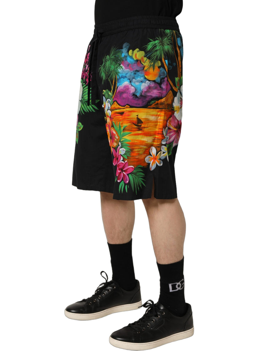 Dolce & Gabbana Black Cotton Bermuda Shorts with Tropical Floral Print