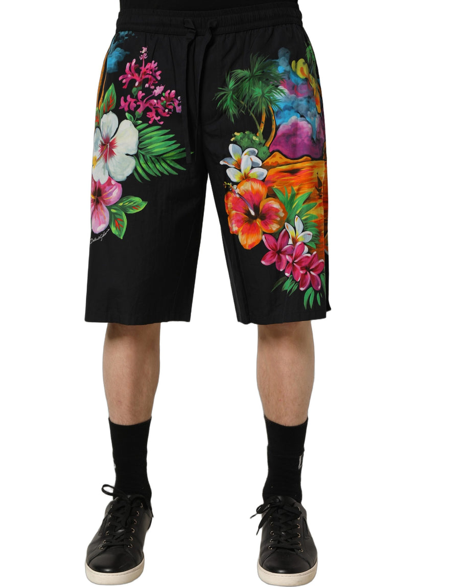 Dolce & Gabbana Black Cotton Bermuda Shorts with Tropical Floral Print