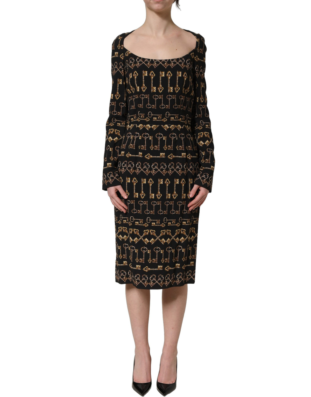 Dolce & Gabbana Schwarzes Etuikleid mit langem Arm und Schlüssel-Print