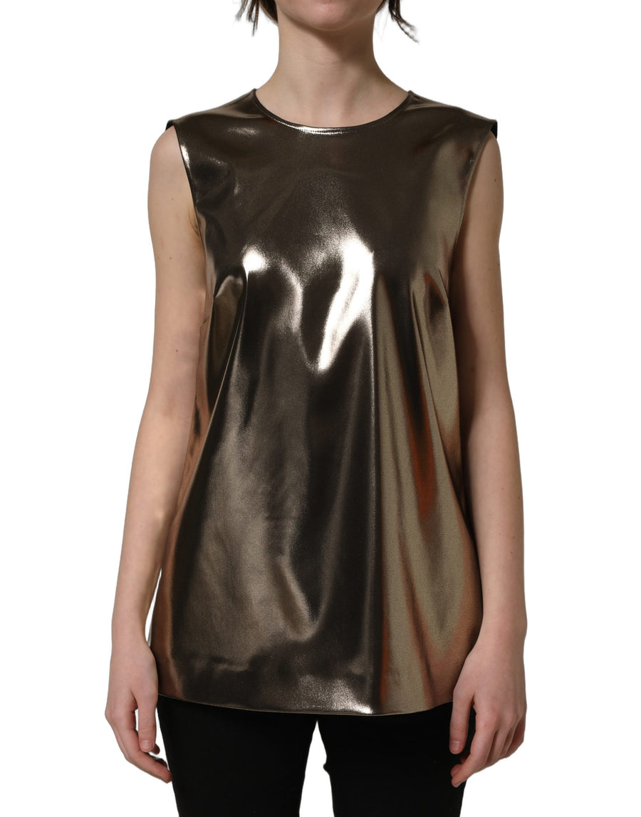 Dolce & Gabbana Sleeveless Metallic Bronze Round-Neck Tank Top