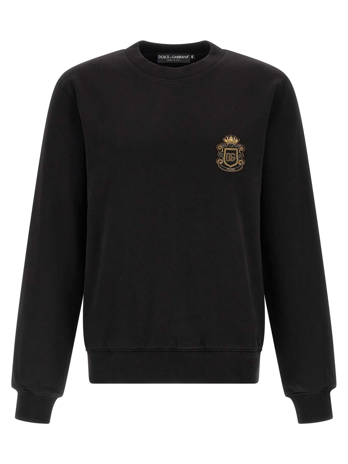 Dolce & Gabbana men's black brushed cotton sweatshirt with heraldic patch and ribbed cuffs