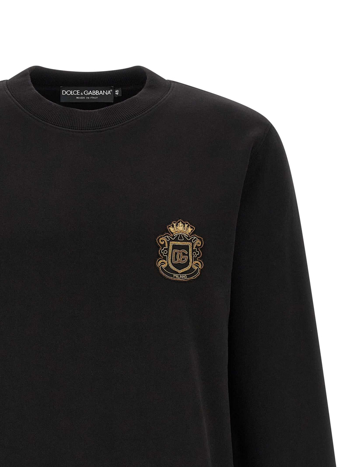 Dolce & Gabbana men's black brushed cotton sweatshirt with heraldic patch and ribbed cuffs
