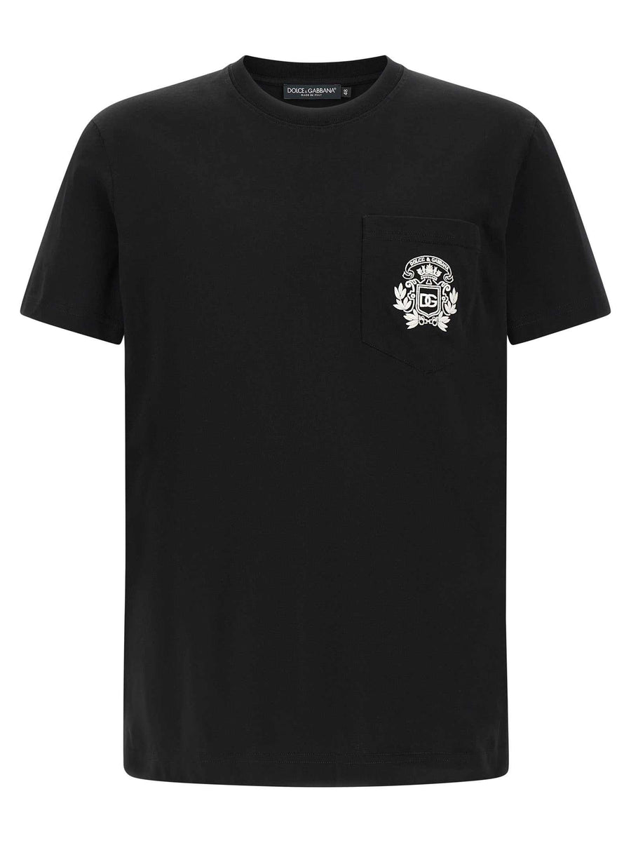 Dolce & Gabbana schwarzes Baumwoll-T-Shirt mit DG-Stickerei und Rundhalsausschnitt