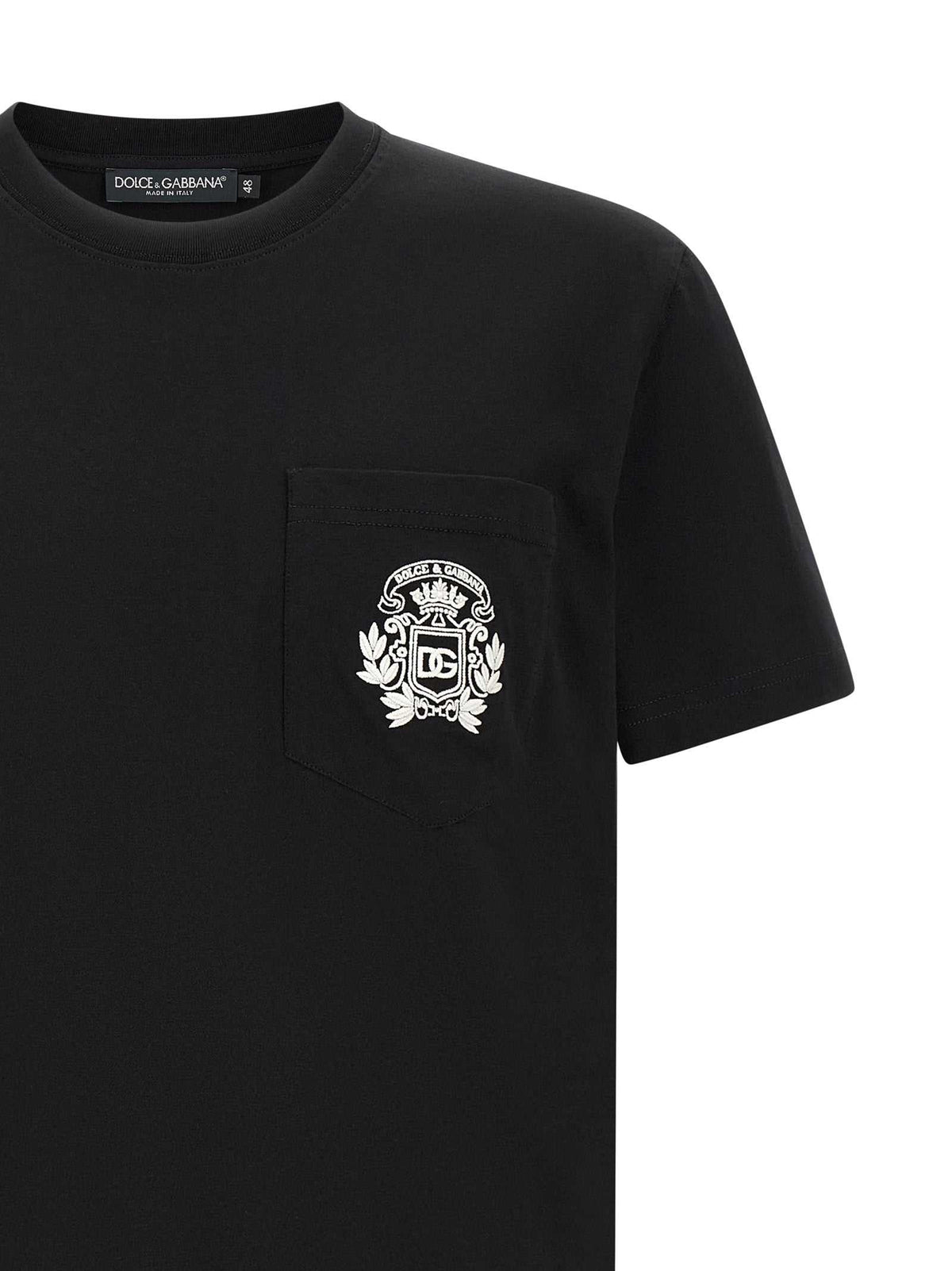 Dolce & Gabbana schwarzes Baumwoll-T-Shirt mit DG-Stickerei und Rundhalsausschnitt