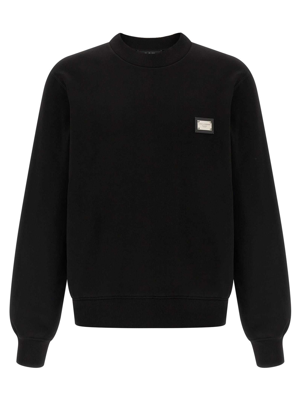 Dolce & Gabbana schwarzer Baumwoll-Sweatshirt mit Lederpatch und Logo-Tag