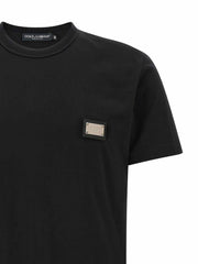 Schwarzes Dolce & Gabbana Baumwoll-Jersey-T-Shirt mit Lederpatch und metallischem Logo-Tag