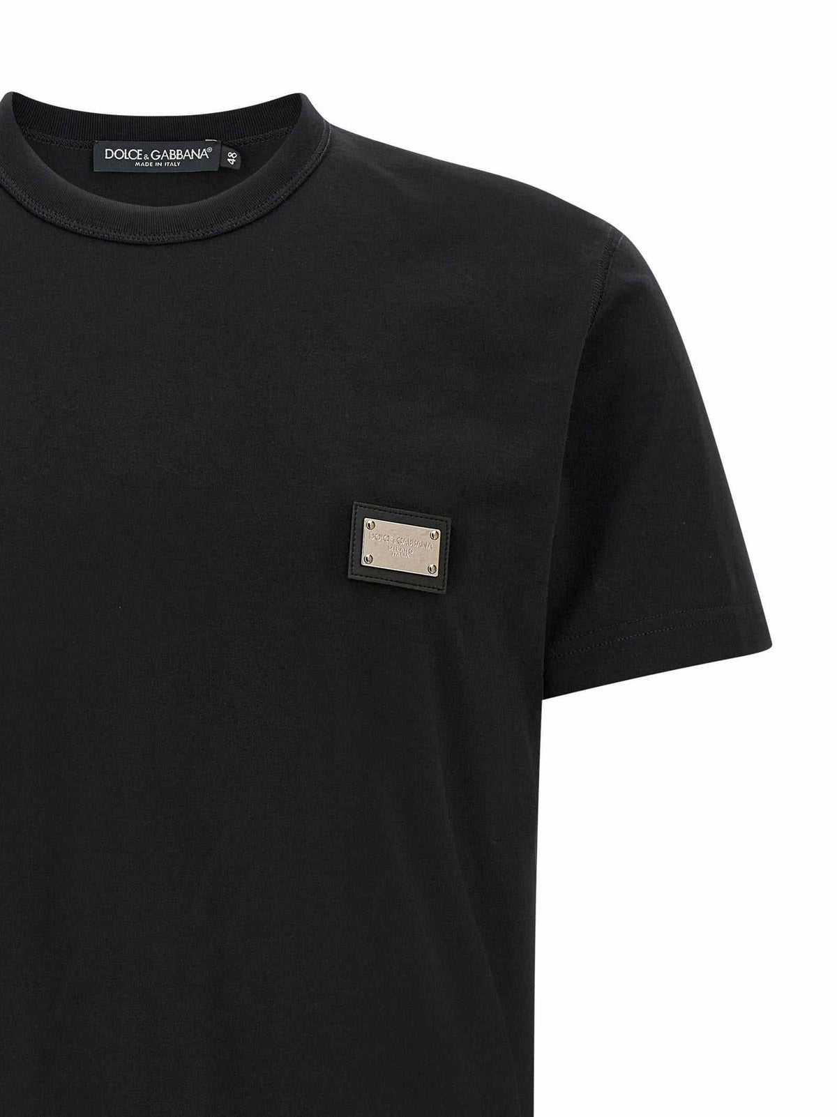 Schwarzes Dolce & Gabbana Baumwoll-Jersey-T-Shirt mit Lederpatch und metallischem Logo-Tag