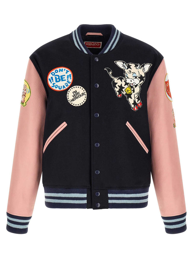Kenzo mehrfarbige Woll-Bomberjacke mit Kontrastärmeln und Lederdetails