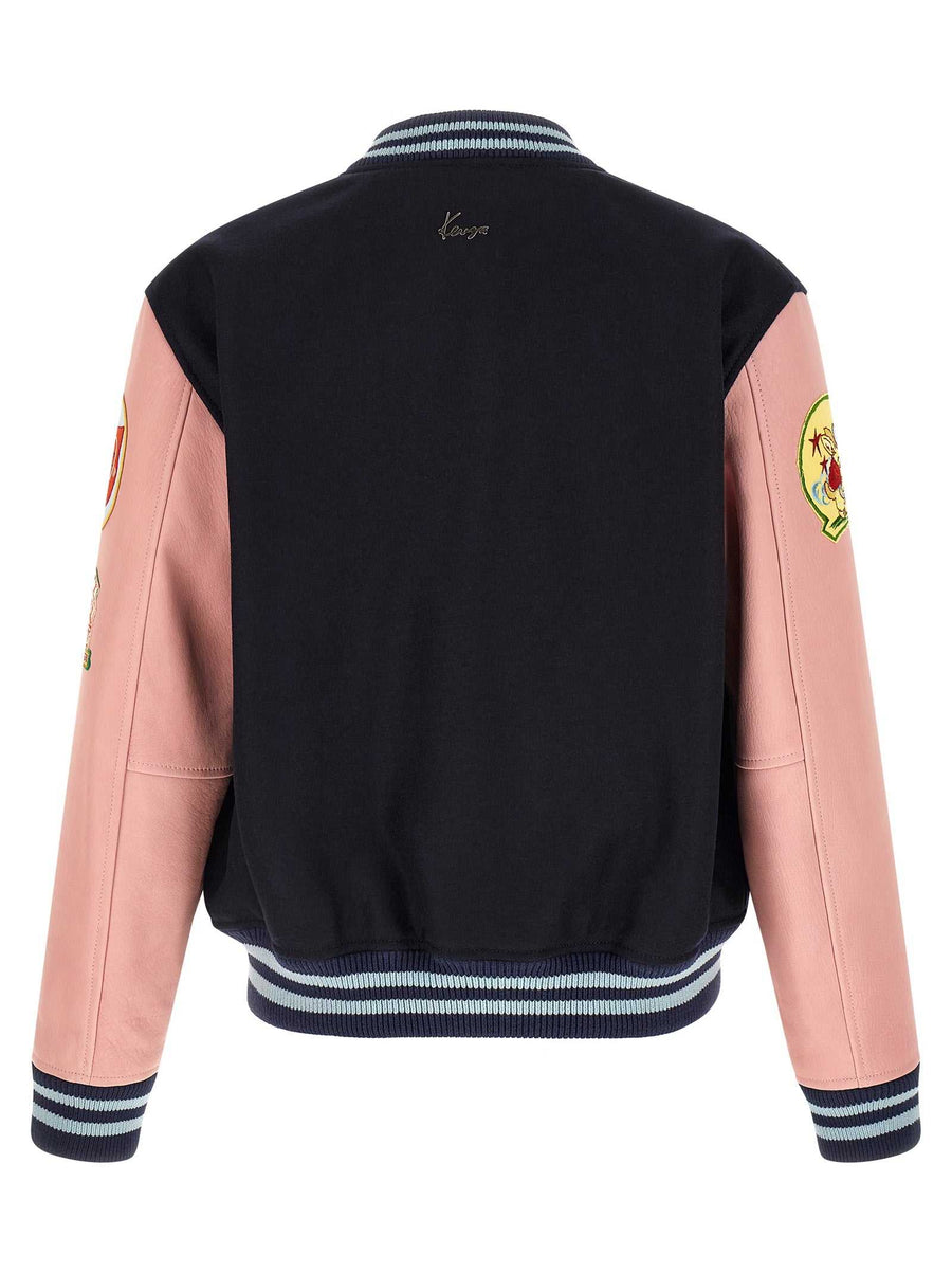 Kenzo mehrfarbige Woll-Bomberjacke mit kontrastierenden Ärmeln und Lederdetails