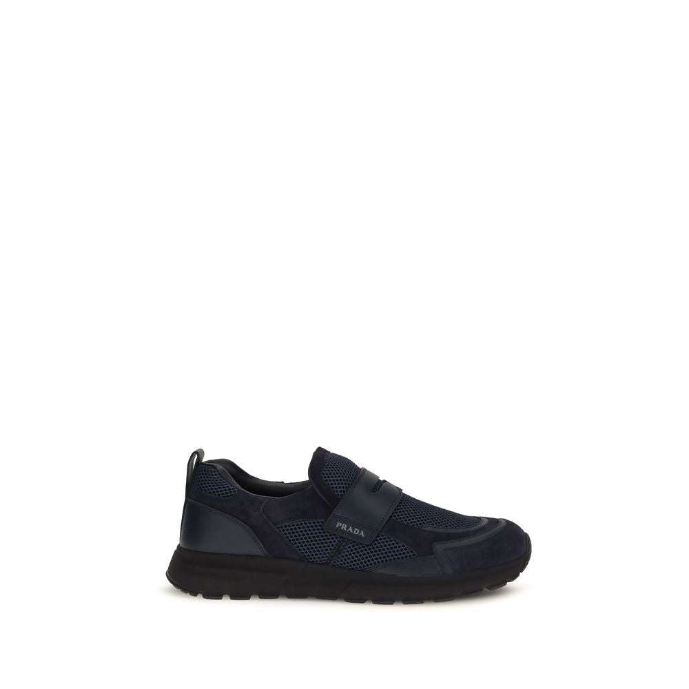 Prada blaue Kalbsleder Sportschuhe mit Mesh und Gummisohle
