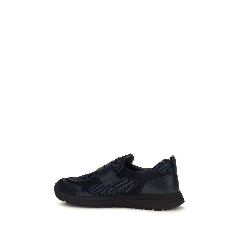 Prada Blaue Kalbsleder Sportschuhe mit Mesh und Lederdetails, flexible Gummisohle