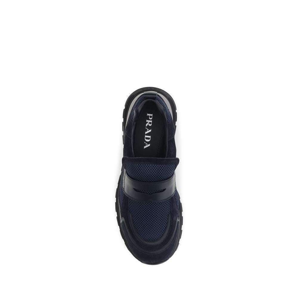 Prada blaue Kalbsleder Sportschuhe aus Mesh und Glattleder mit Gummisohle