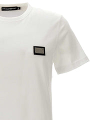 Dolce & Gabbana Weißes Baumwoll-T-Shirt mit Logo-Plaque