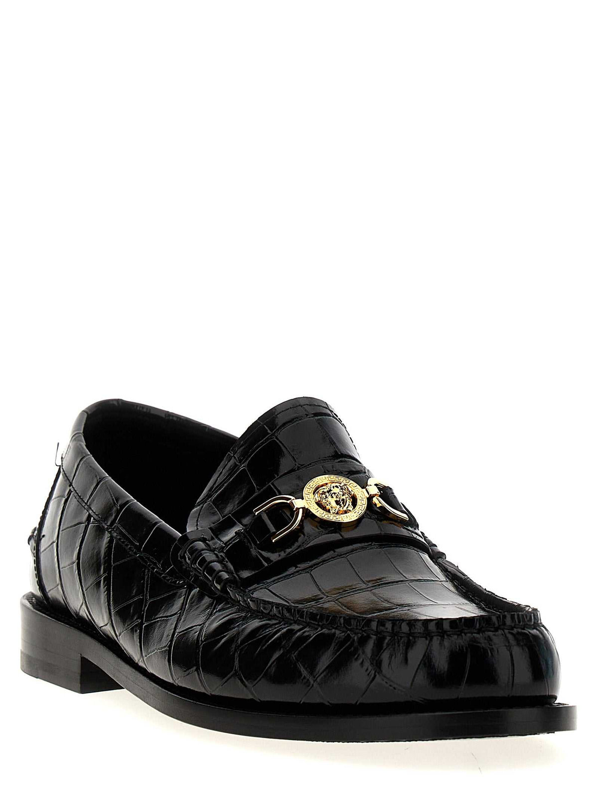 Versace schwarze Loafer aus Leder mit Medusa Metall-Detail und eleganter Lederlaufsohle