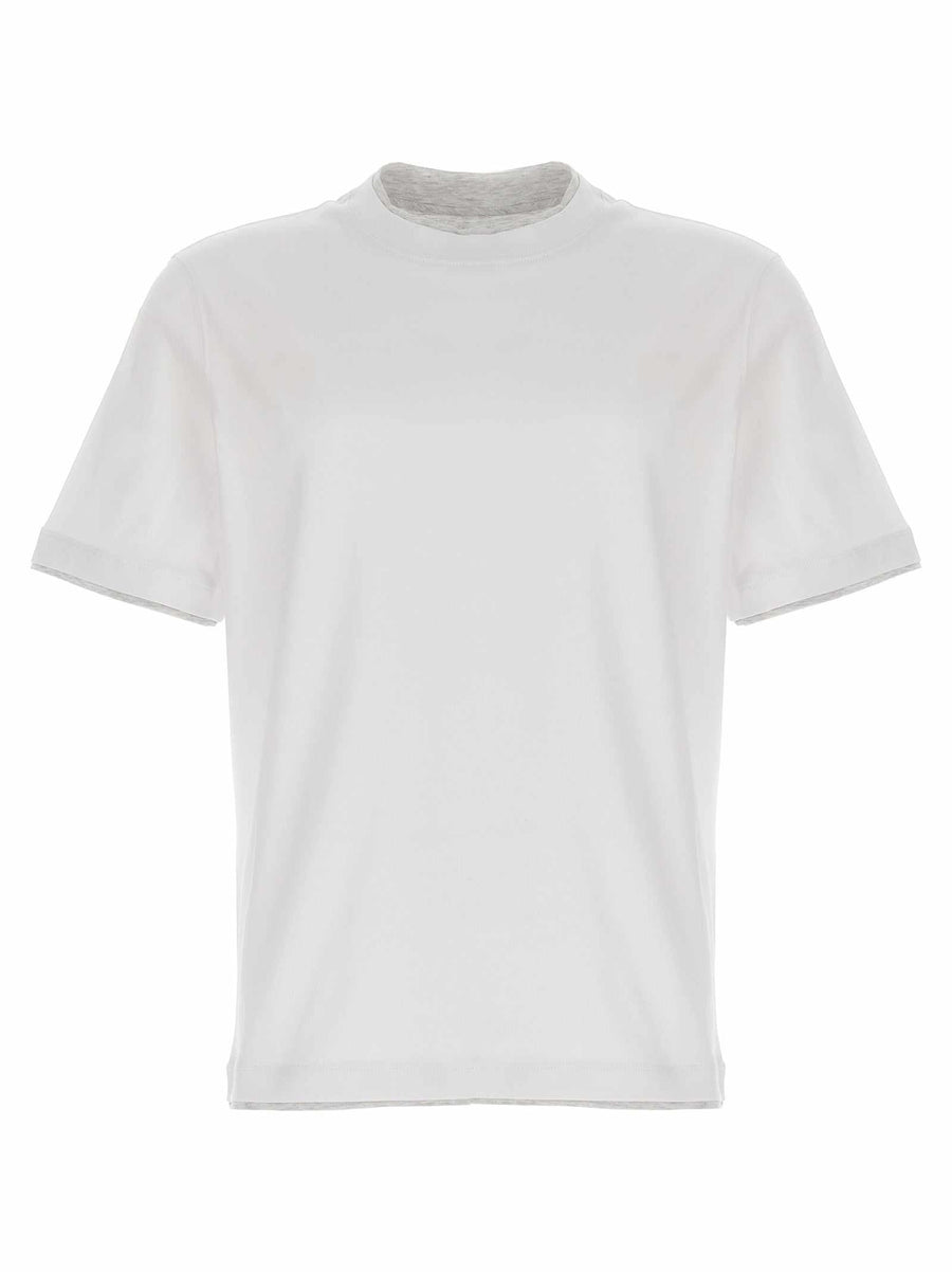Brunello Cucinelli weißes Baumwoll-T-Shirt mit Double-Layer-Effekt und Rundhalsausschnitt
