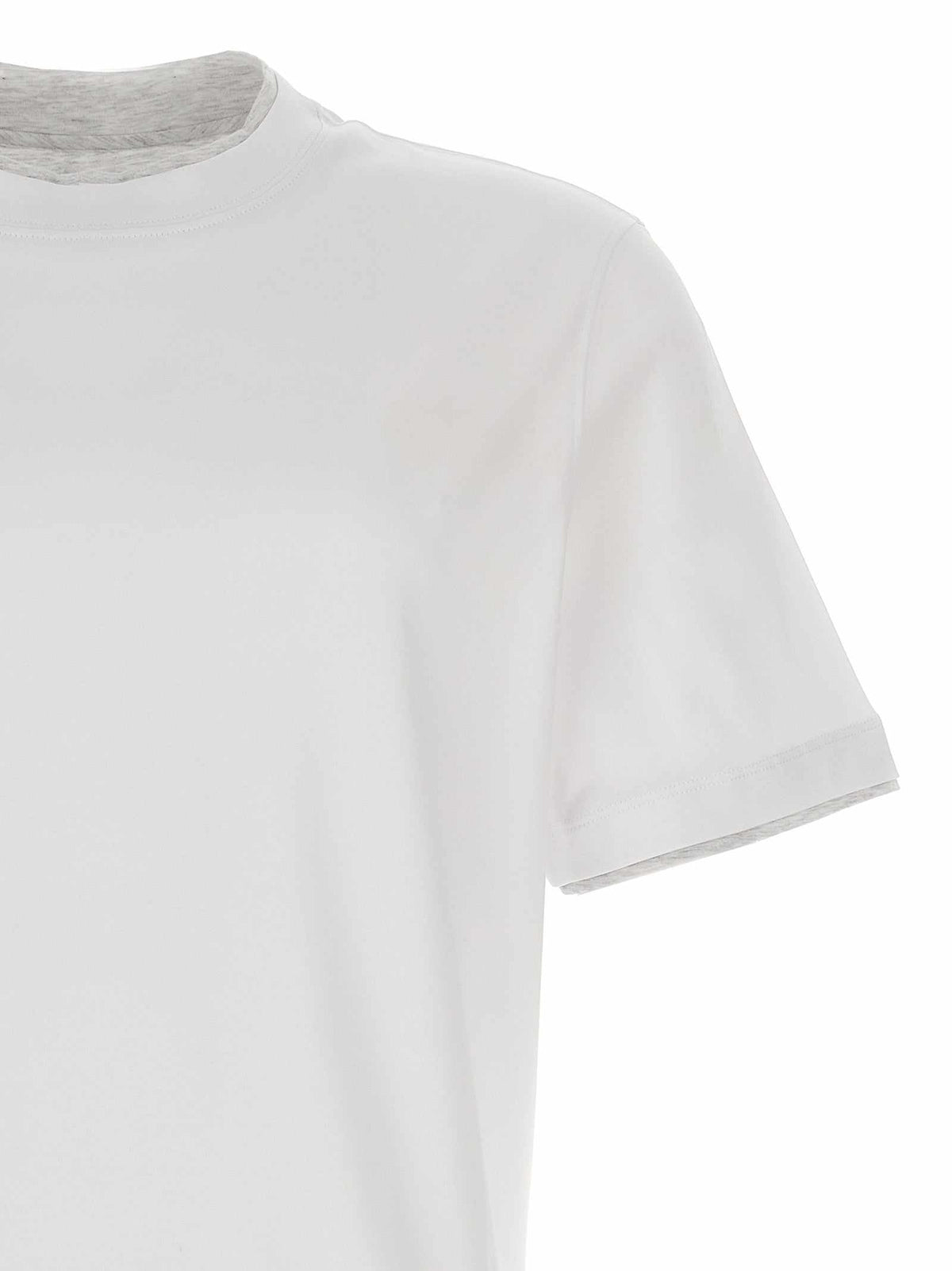 Brunello Cucinelli weißes Baumwoll-T-Shirt mit Double-Layer-Effekt und Rundhalsausschnitt