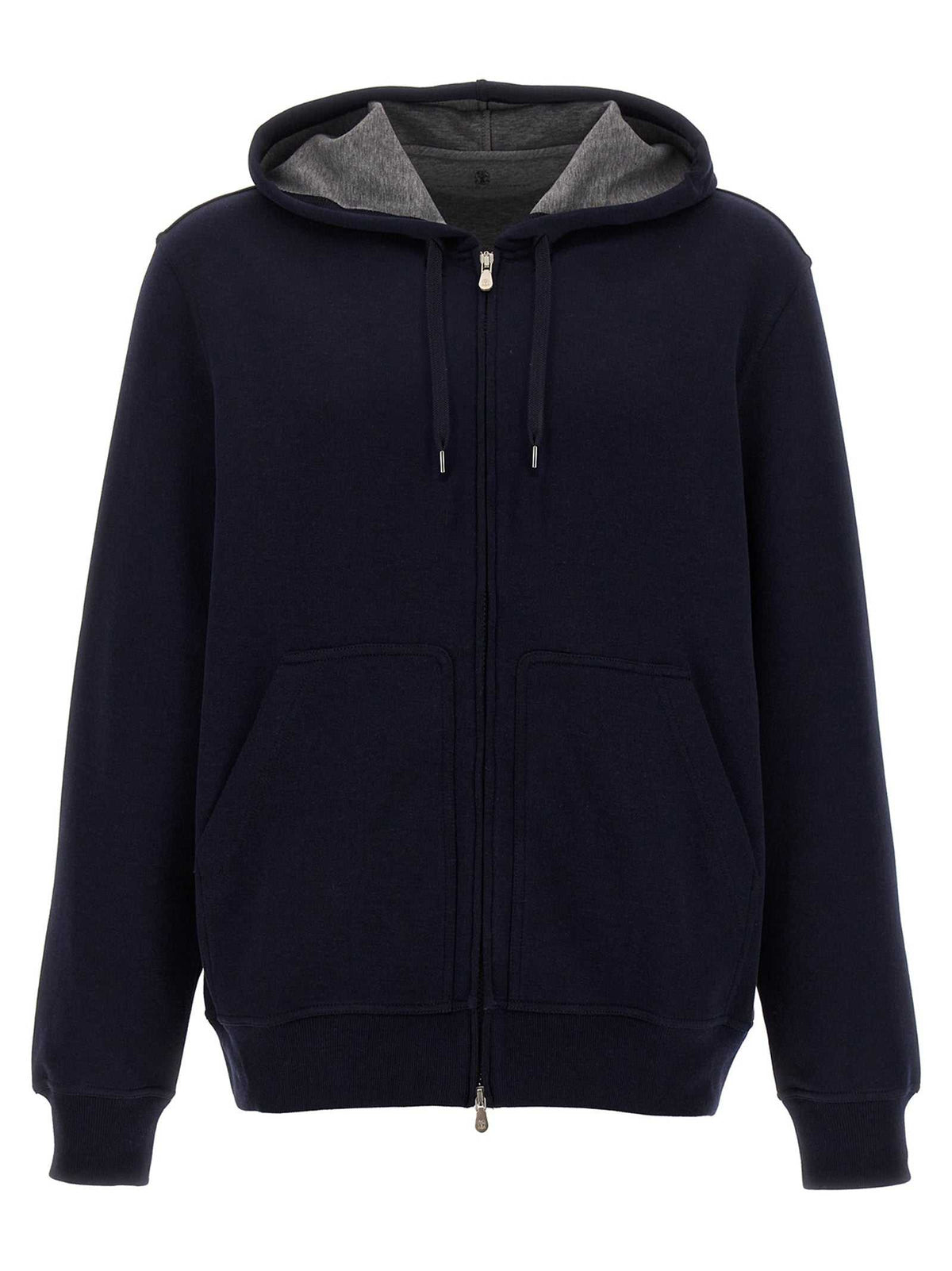 Blauer Brunello Cucinelli Hoodie aus Baumwollmischung mit Reißverschluss und Taschen